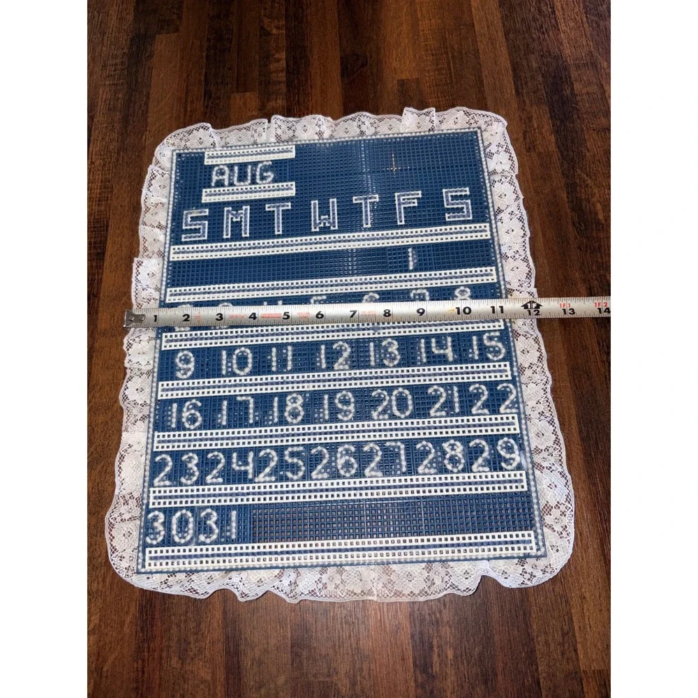 Vtg Blue Plastic Canvas Needlepoint Perpetual Calendar Lace Handmade Gramcore